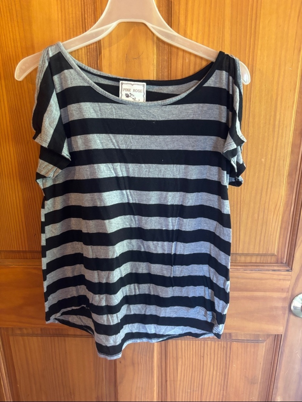 Pink Rose Black & Gray Striped Cold-Shoulder Tee